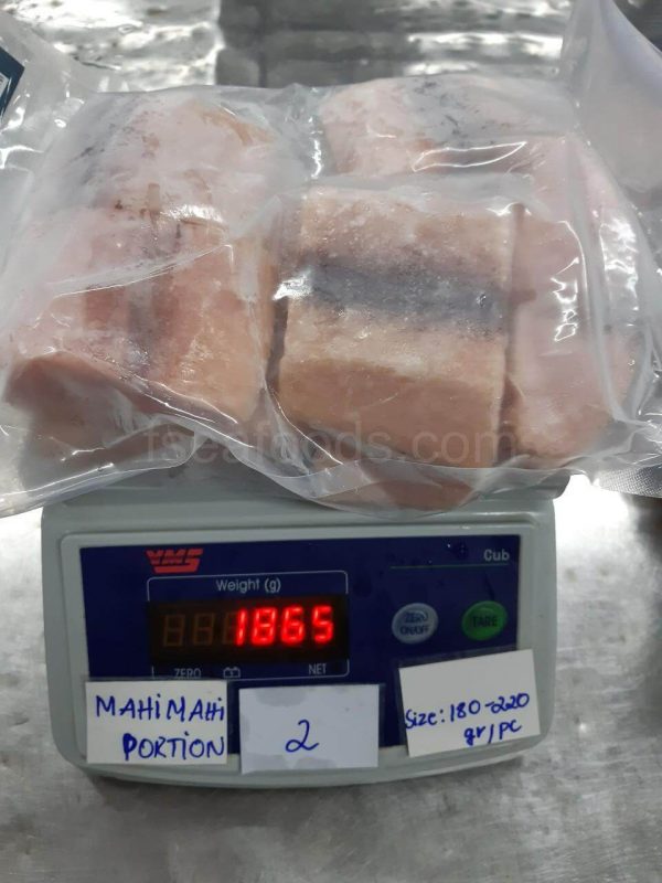 Frozen Mahi Mahi Portions, skinless, boneless, vacuum packed.