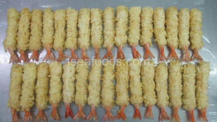 Frozen value-added shrimp from Vietnam, tempura style breaded shrimp ready to cook. Illustrates deep processing capability for the wholesale frozen seafood market.